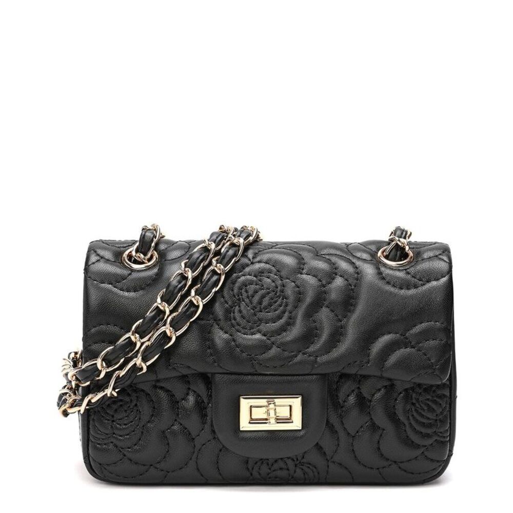 Quilted Floral Chain Shoulder Bag - Black